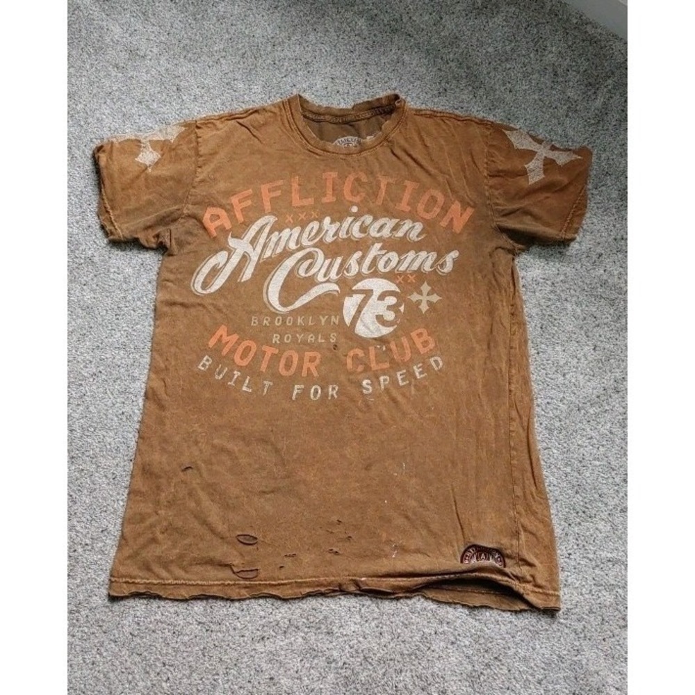 Affliction American Customs Brooklyn Royals Thrashed Graphic Tee Worn Mens L